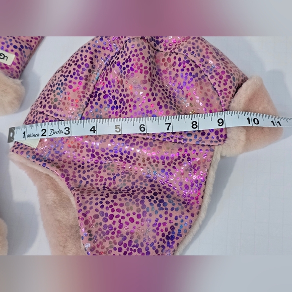 UGG Pink & Purple Metallic Spotted Toddler Leather Trapper Hat & Mittens 2-4yrs - Picture 11 of 12